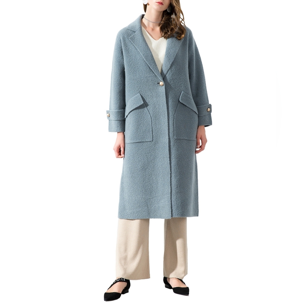 Malabo Blue Single Button Long Merino OnWool Jacket Quiet Luxury